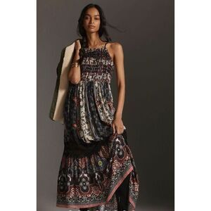 New Anthropologie Bhanuni by Jyoti Tiered Maxi Dress in Black Print Size 0